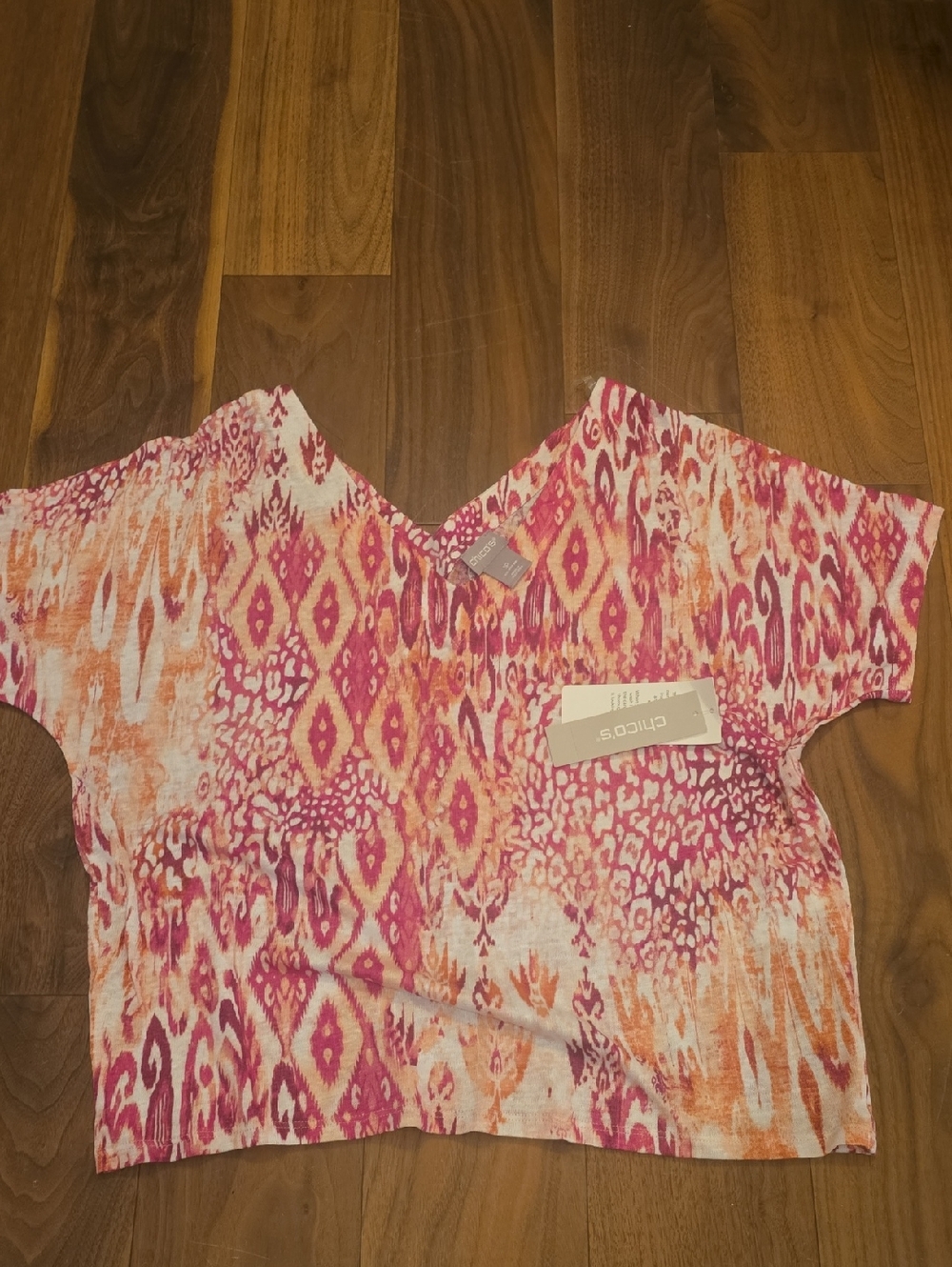 Chico's Pink and Orange Ikat V-Neck Top